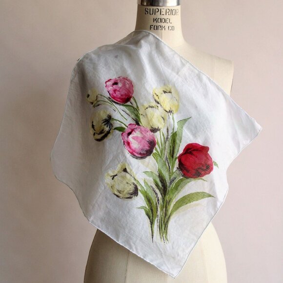 Vintage 1960s Scarf, Tulip Print Cotton Handkerchief - Picture 1 of 9